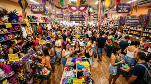 Como preparar meu negócio para o carnaval e aproveitar a alta temporada de vendas 2 Vista interna de um estabelecimento comercial movimentado durante o período de carnaval, com clientes examinando produtos temáticos e decoração festiv