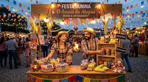 Como vender mais nas festas juninas: estratégias que vão além das barraquinhas 2 Empreendedores sorridentes organizando produtos temáticos em uma banca de festa junina, cercados por bandeirinhas coloridas e decoração típica, em um