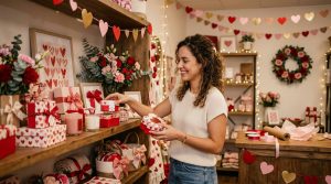 Como aproveitar o dia dos namorados como PME e aumentar suas vendas na data 2 Empreendedora sorridente organizando produtos temáticos em uma pequena loja com decoração romântica de Dia dos Namorados, transmitindo dedicação e pre