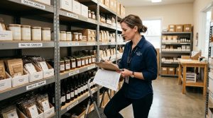 Como aproveitar o dia dos namorados como PME e aumentar suas vendas na data 3 Proprietário de pequeno negócio conferindo estoque de produtos em prateleiras organizadas enquanto faz anotações em uma prancheta, em um ambiente de t