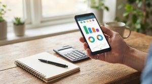 Mão segurando um smartphone aberto em um aplicativo de controle financeiro com gráficos de orçamento visíveis na tela, sobre uma mesa de madeira com b