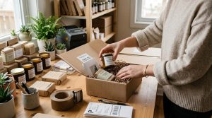 Como aproveitar o Cyber Monday como pequeno empreendedor e aumentar suas vendas 3 Mãos de uma pequena empreendedora organizando produtos em caixas de papelão para envio, em uma mesa de trabalho limpa e bem iluminada, transmitindo pr