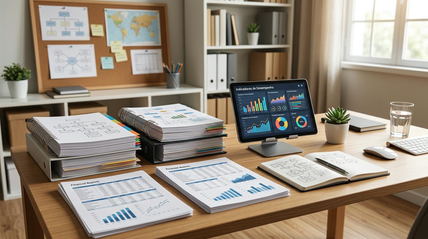Como saber quando sua PME está pronta para franquear e expandir com segurança 3 Mesa organizada com manuais de processos operacionais padronizados, relatórios financeiros impressos e um tablet exibindo indicadores de desempenho