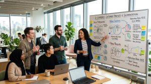 Estratégias avançadas para reter clientes após a Black Friday e manter vendas em alta 3 Equipe de e-commerce em reunião colaborativa discutindo perfis de clientes ao redor de um quadro com diagramas de segmentação, ambiente de escritório
