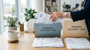 Como construir patrimônio empresarial do zero com planejamento e decisões estratégicas 3 Mão de profissional separando documentos financeiros em duas pastas distintas sobre uma mesa de escritório limpa, representando a organização entre co