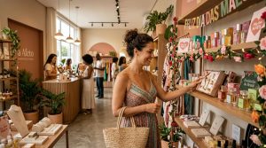 Estratégias de venda para o Dia das Mães no Brasil que vão além do óbvio 2 Uma pessoa escolhendo presentes em uma loja física brasileira, observando produtos de cosméticos e acessórios em prateleiras organizadas com decoração