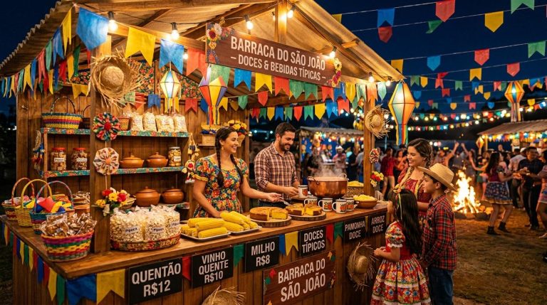 Como vender mais nas festas juninas: estratégias que vão além das barraquinhas 7 Pessoa organizando produtos típicos juninos em uma barraca decorada com bandeirinhas coloridas
