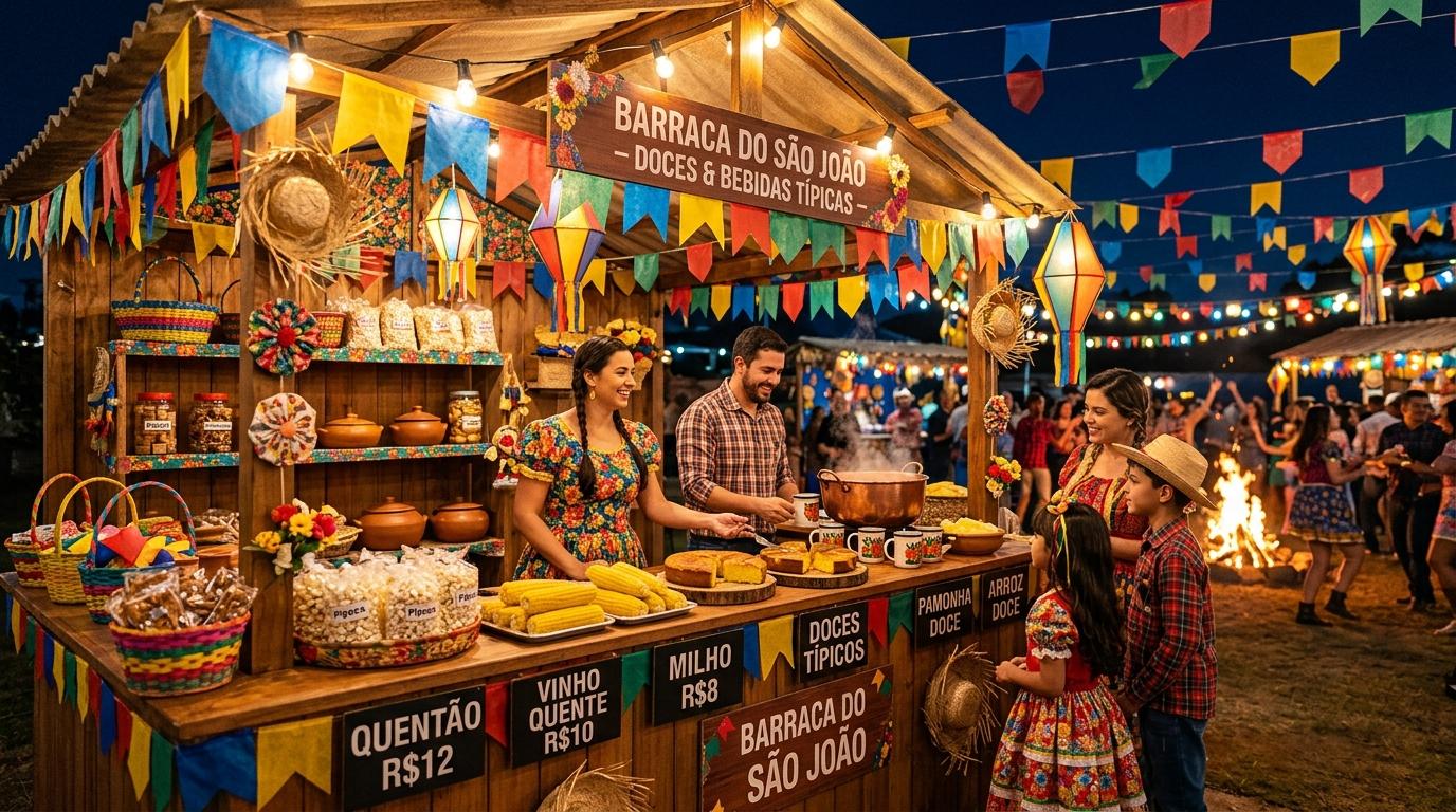 Como vender mais nas festas juninas: estratégias que vão além das barraquinhas 1 Pessoa organizando produtos típicos juninos em uma barraca decorada com bandeirinhas coloridas