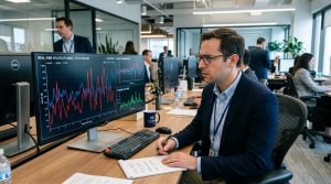 Riscos de investir em criptomoedas: o que considerar antes de aplicar seu dinheiro 3 Gráficos de linha mostrando oscilações intensas de valores em uma tela de computador, com uma pessoa observando os movimentos voláteis com expressão d