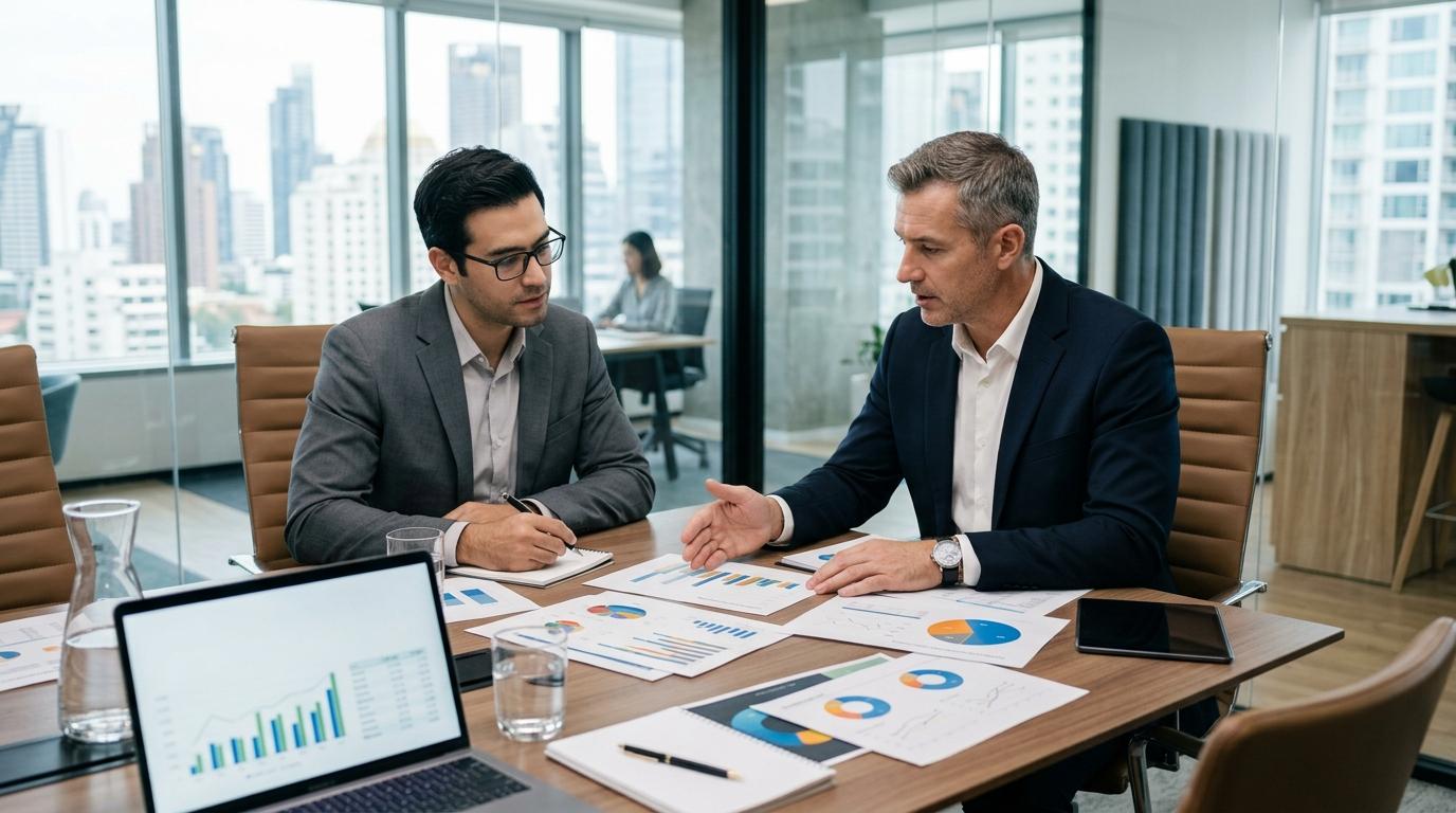 Dois profissionais em uma reunião de negócios analisando gráficos e relatórios financeiros em uma mesa de conferência, ambiente corporativo moderno