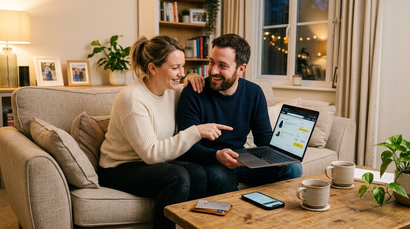 Cartão de crédito Mercado Pago para casais: estratégias práticas para usar a dois 3 Casal fazendo compras online juntos em um notebook em casa, com um cartão de crédito apoiado sobre a mesa e um smartphone à mão, ambiente residencial