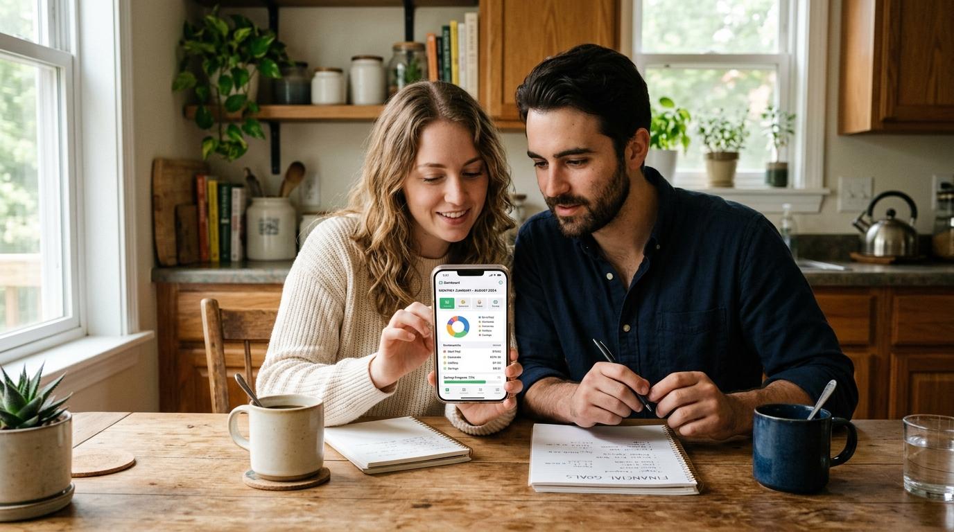 Cartão de crédito Mercado Pago para casais: estratégias práticas para usar a dois 2 Casal jovem reunido à mesa da cozinha analisando o extrato de um aplicativo financeiro no celular, com caderno de anotações e xícaras de café sobre