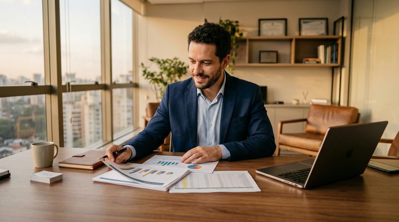Pessoa empreendedora analisando documentos financeiros sobre uma mesa para preparar sua PME para venda