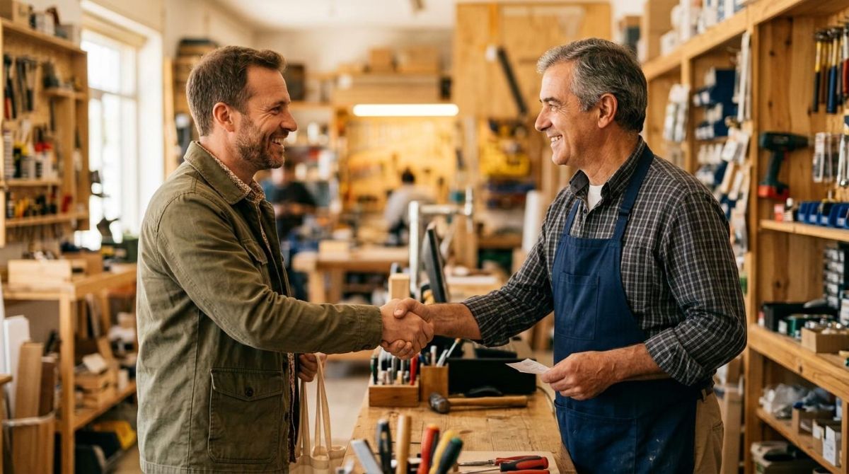 Como evitar práticas enganosas na comunicação da sua PME e fortalecer a confiança 3 Aperto de mãos entre um dono de pequena empresa e um cliente satisfeito, simbolizando confiança e ética, com o fundo ligeiramente desfocado