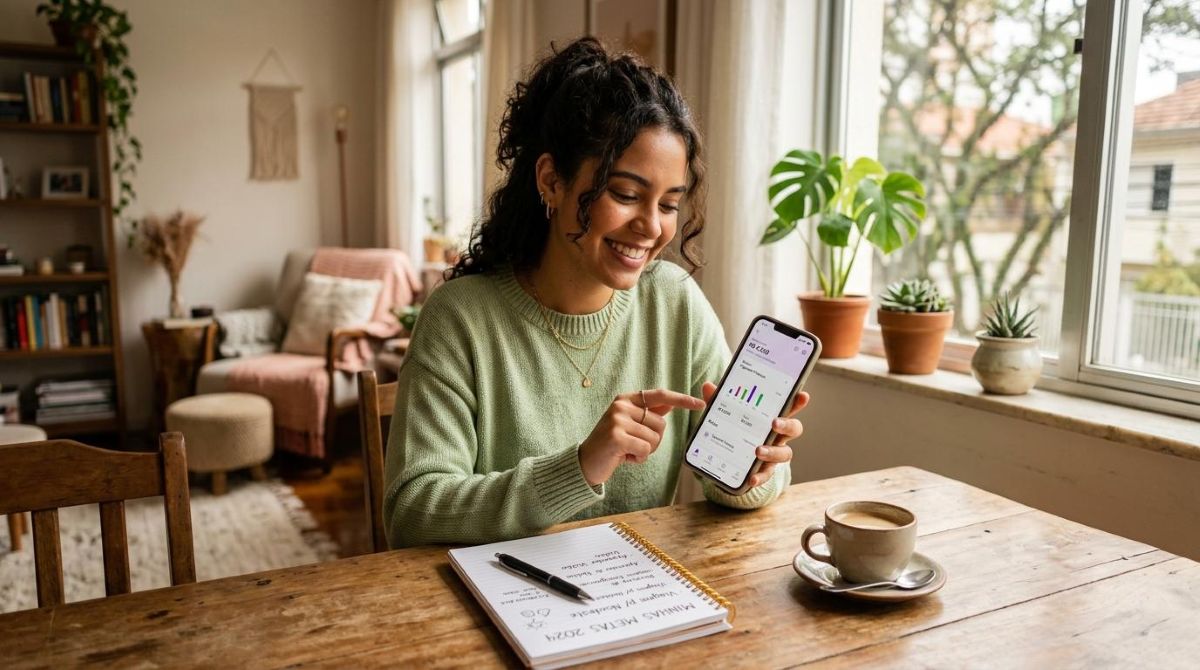 Pessoa jovem brasileira sorrindo enquanto organiza suas finanças em um celular em um ambiente doméstico aconchegante, com um caderno de metas
