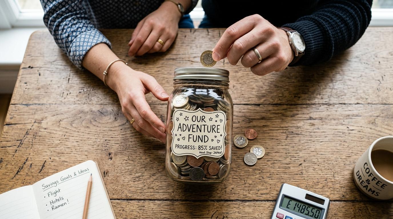 Cofrinhos para casais: como compartilhar metas de poupança e fortalecer a parceria financeira 3 Visão de cima de um frasco de vidro com moedas e uma etiqueta sobre uma mesa de madeira, com as mãos do casal ao lado celebrando o progresso