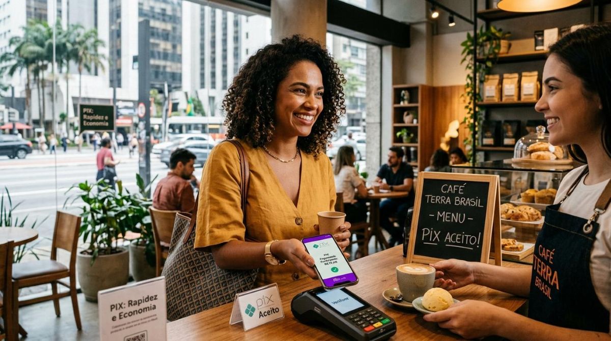 Como aproveitar cupons dentro do Mercado Pago e pagar menos no dia a dia 3 Uma mulher brasileira sorridente realiza uma transação de pagamento pelo celular em um café moderno, demonstrando economia e praticidade no dia a dia
