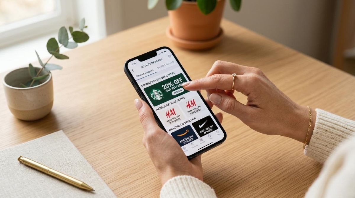 Como aproveitar cupons dentro do Mercado Pago e pagar menos no dia a dia 2 Mãos elegantes navegando em um smartphone na seção de benefícios e cupons de desconto, com o dedo prestes a selecionar uma oferta, sobre uma mesa