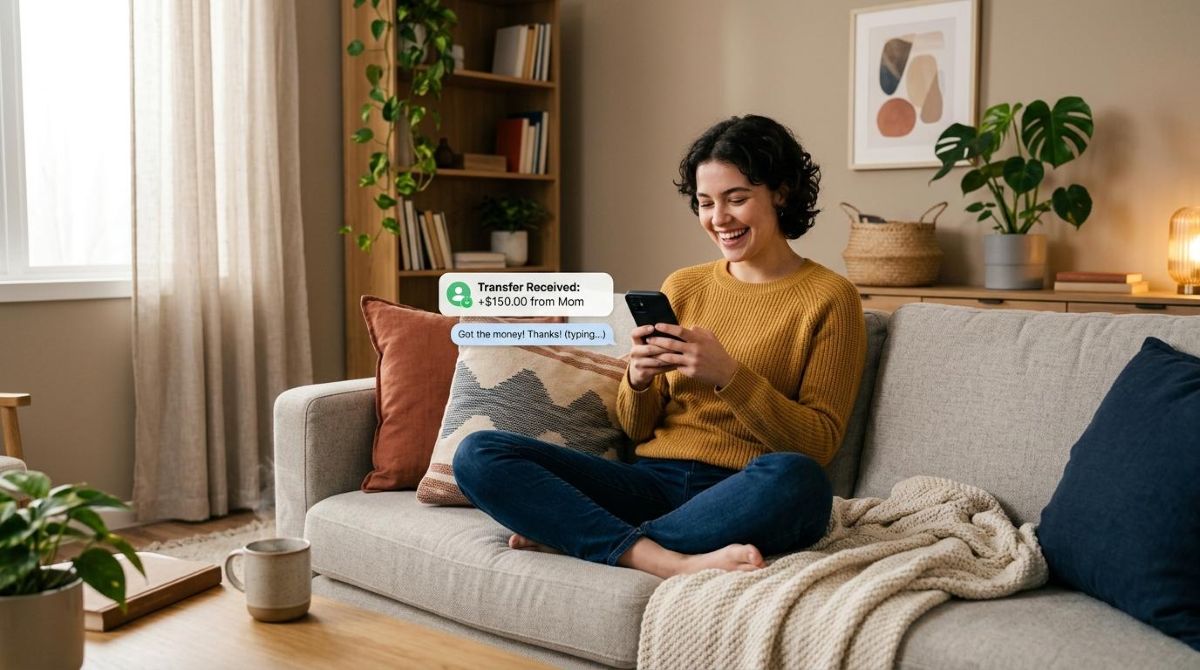 Como usar o Mercado Pago para dar presentes digitais de forma prática e segura 3 Pessoa jovem sentada em um sofá confortável digitando em seu smartphone com expressão alegre, notificação de transferência recebida visível na tela