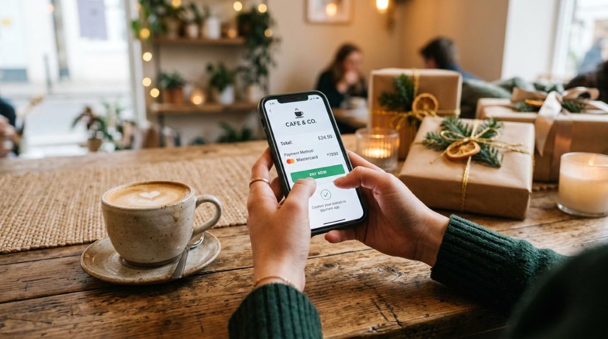Como usar o Mercado Pago para dar presentes digitais de forma prática e segura 2 Mãos femininas segurando um celular com aplicativo de pagamentos aberto sobre uma mesa de madeira rústica, com xícara de café ao lado e elementos