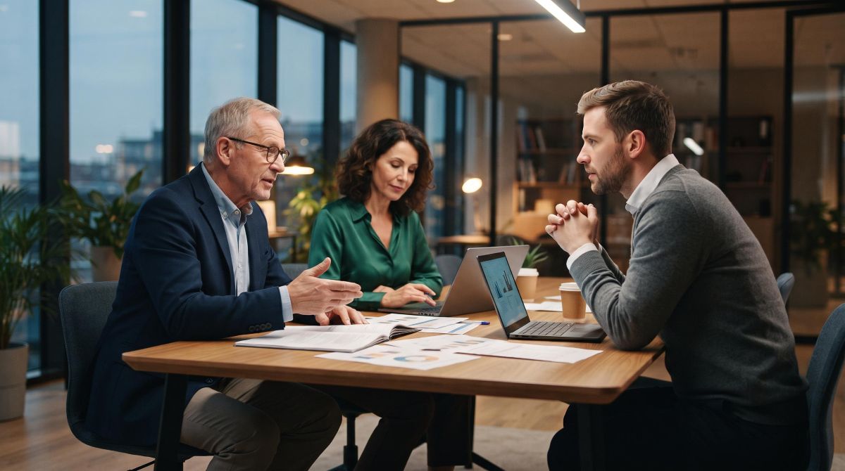 Como planejar uma sucessão de negócio familiar e garantir a continuidade da empresa 3 Reunião familiar em ambiente corporativo com três pessoas de diferentes gerações conversando ao redor de uma mesa com documentos e notebooks