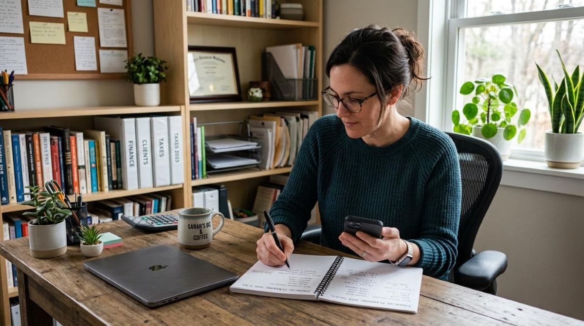 Cartão de crédito Mercado Pago para freelancers: como administrar suas finanças no dia a dia 2 Uma pessoa autônoma sentada em um ambiente de trabalho doméstico organizado, analisando extratos financeiros em seu celular enquanto anota valores