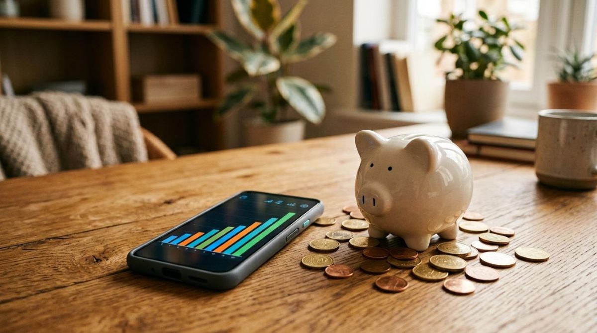 Pessoa organizando metas financeiras em um aplicativo de celular com cofrinhos digitais