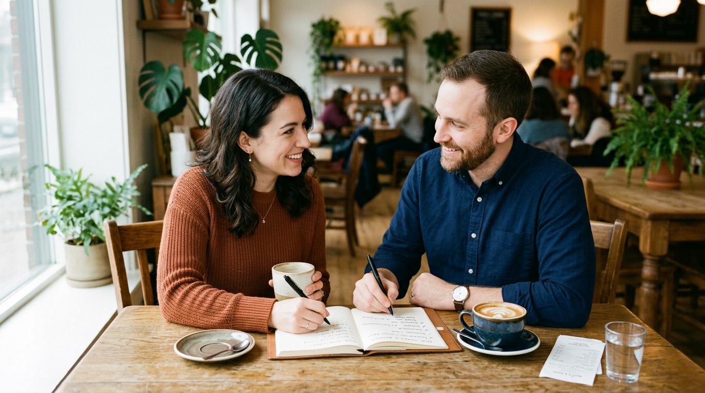 Cofrinhos para casais: como compartilhar metas de poupança e fortalecer a parceria financeira 2 Casal conversando calmamente à mesa com um caderno aberto e uma xícara de café, discutindo finanças e anotando objetivos em um ambiente iluminado