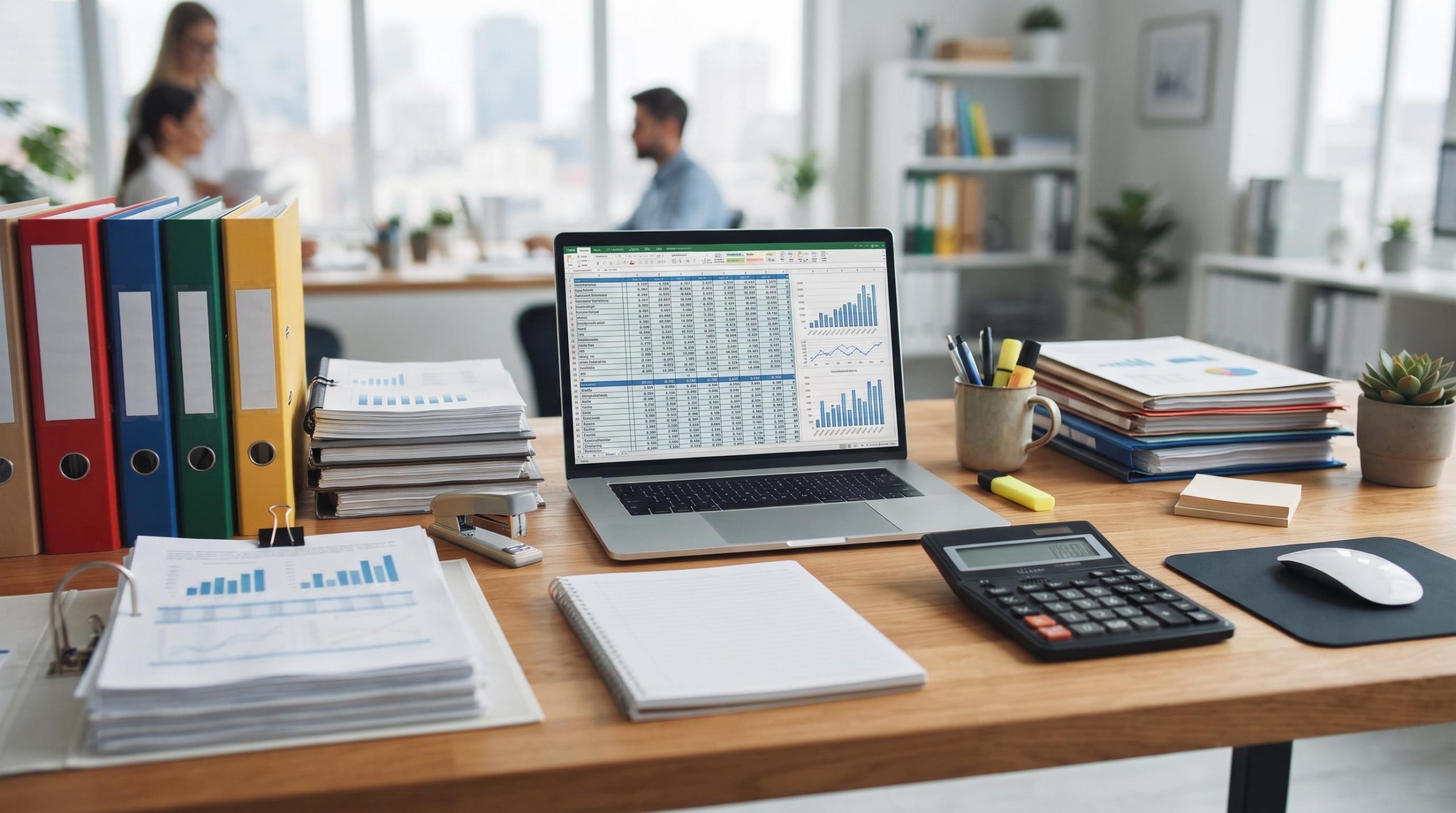 Mesa de escritório com documentos financeiros organizados, pastas coloridas, calculadora e notebook aberto mostrando planilhas