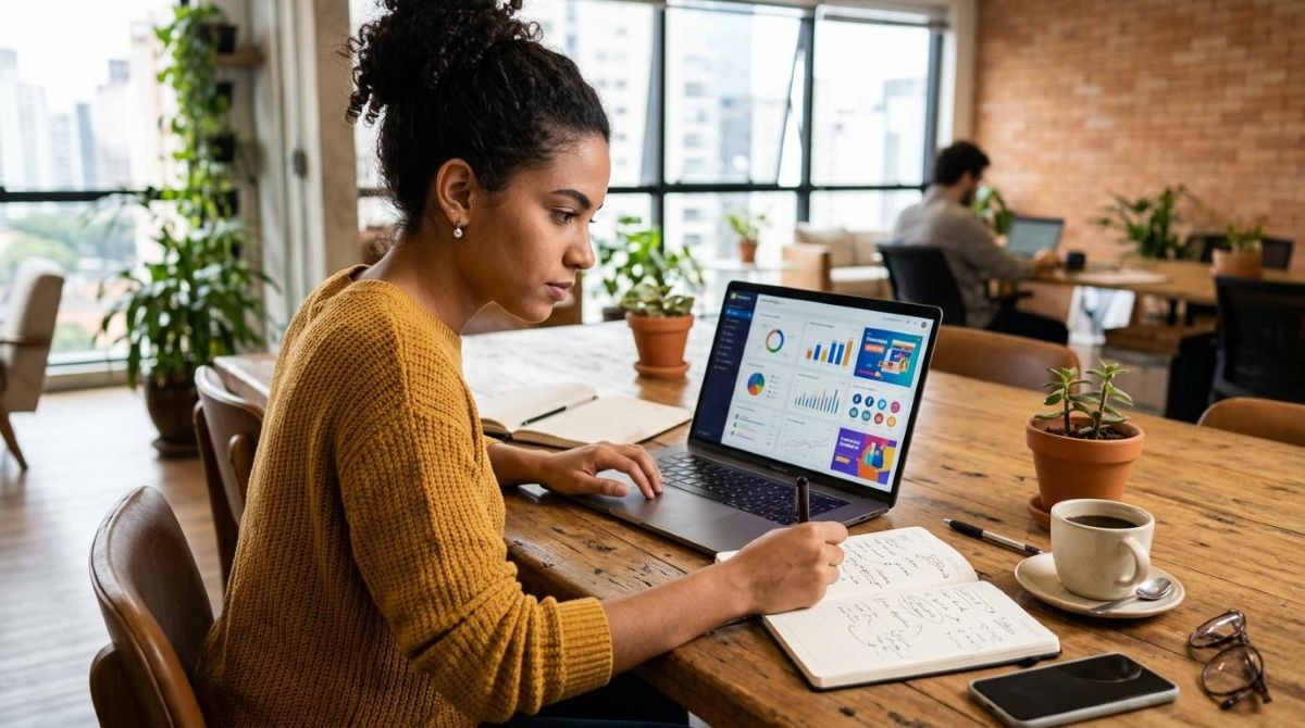 Como evitar práticas enganosas na comunicação da sua PME e fortalecer a confiança 2 Pessoa empreendedora concentrada revisando materiais de marketing em um laptop aberto sobre uma mesa de madeira, com anotações e uma xícara de café