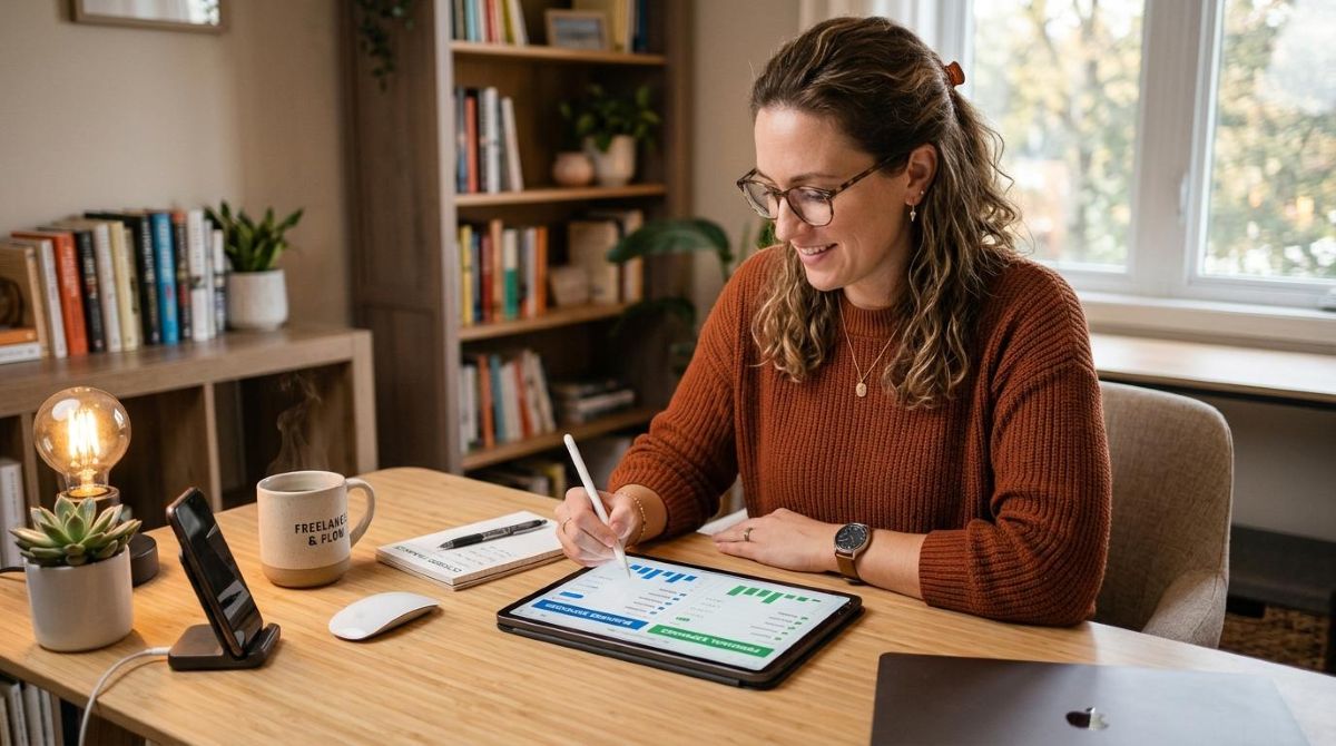 Cartão de crédito Mercado Pago para freelancers: como administrar suas finanças no dia a dia 3 Um profissional freelancer organiza suas finanças em um tablet sobre uma mesa de trabalho limpa, separando visualmente despesas pessoais de custos