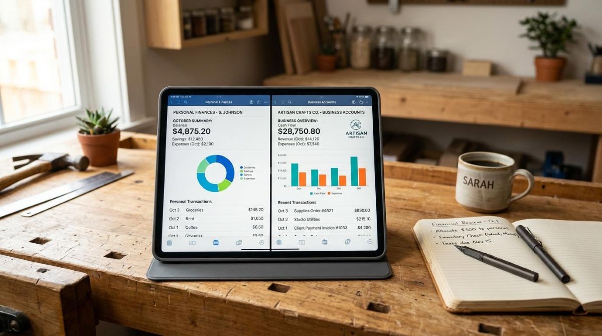 Como criar reserva técnica para sua PME e proteger o negócio de imprevistos 3 Tablet apoiado sobre uma mesa de trabalho mostrando duas telas de contas financeiras separadas lado a lado, representando a distinção clara